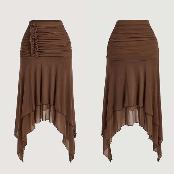 SHEIN Ruched Asymmetrical Skirt Brown Mesh Y2K Boho Western Large NWT - Picture 15 of 15